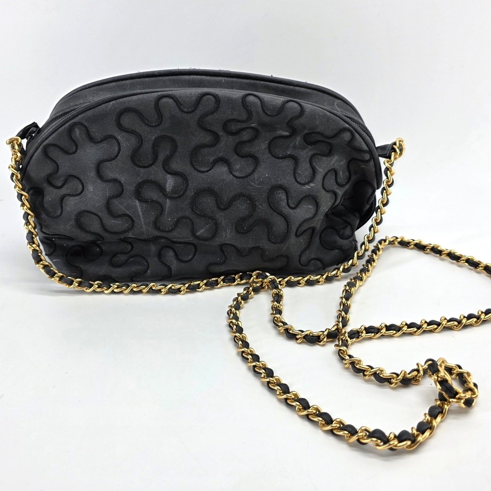 Vintage Ronora Shoulder Evening Bag Black Gold Textured Puzzle Chain Strap Retro